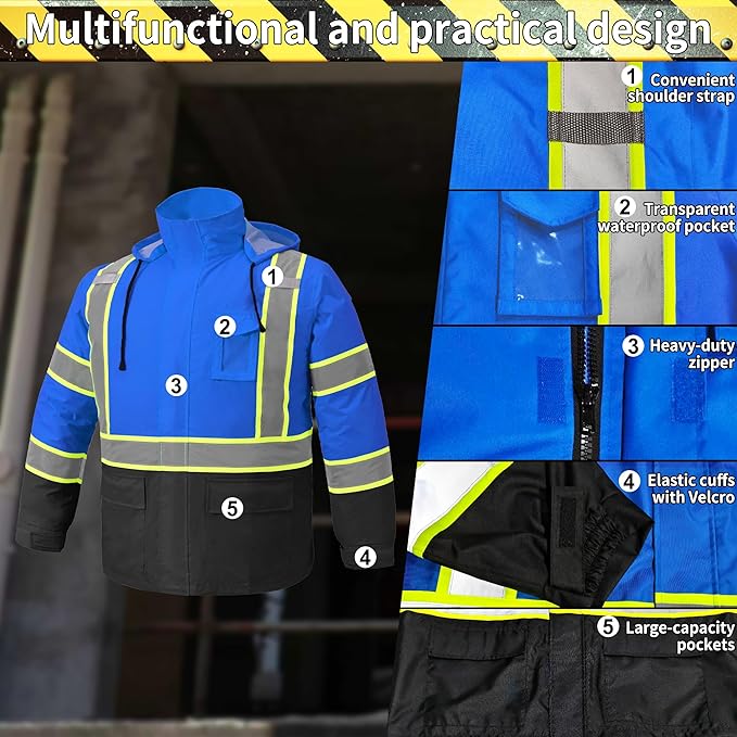 Hi Vis Rain Jacket, Rain Suits for Men with Removable Hood, Rain Coats for Men Interior Mesh, Class 3 High Visibility Rain Gear,Waterproof Zipper Blue 2XL/3XL