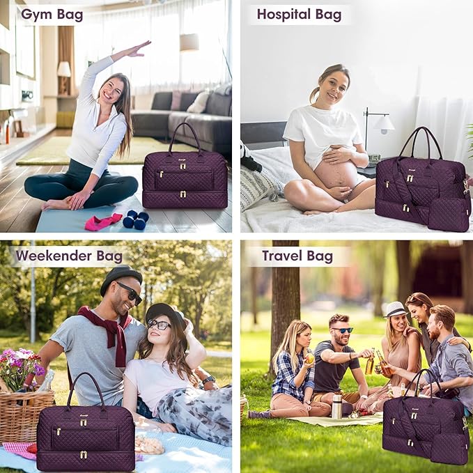 Travel Duffle Bag Weekender for Women - 38L Carry-On Overnight Personal Item Bag with Shoe Compartment & Wet Pocket Weekend Tote Bags with Toiletry Hospital Bags for Labor and Delivery