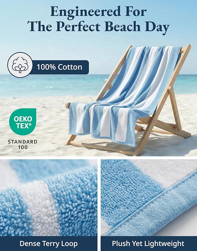 LANE LINEN 100% Cotton Beach Towel- Pack of 4 Beach Towels Set, Cabana Stripe Pool Oversized Beach Towels for Adults (30" x 60”), Highly Absorbent, Large Beach Towel, Quick Dry Towel - Light Blue
