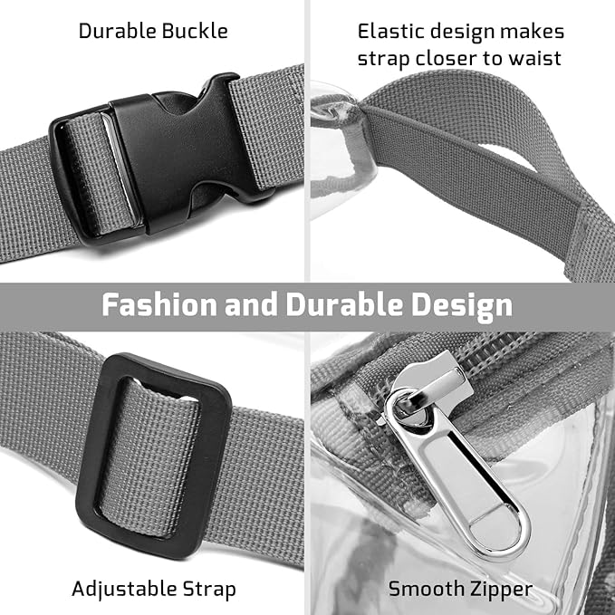 Veckle Clear Fanny Pack Stadium Approved - Adjustable 33-47 Inch Strap, Transparent Belt Bag for Women Men Fits 7.5-inch Smartphone, Waist Bag Clear Bag for Stadium Events, Sport, Concerts, Grey