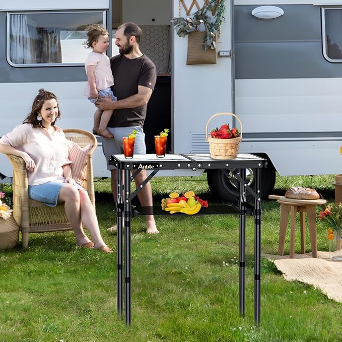 Anbte Folding Camping Table with Storage Net, 3 Adjustable Height Max 27.5" Aluminum Small Folding Table, Portable Table with Carry Handle, Lightweight, for Outdoor Indoor Travel Camping Picnic