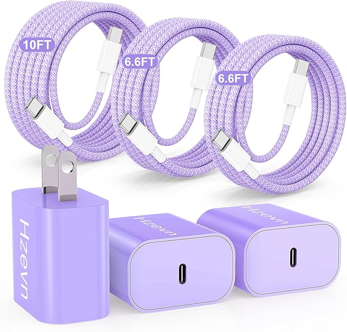 20W USB C Fast Charging for iPhone 17 Air/16/15 Pro Max,3Pack Colorful Mixed Charger Block with Braided Long USB C to C Cables (6/6/10ft) Compatible with iPhone16/15 Pro/15 Plus/iPad Pro