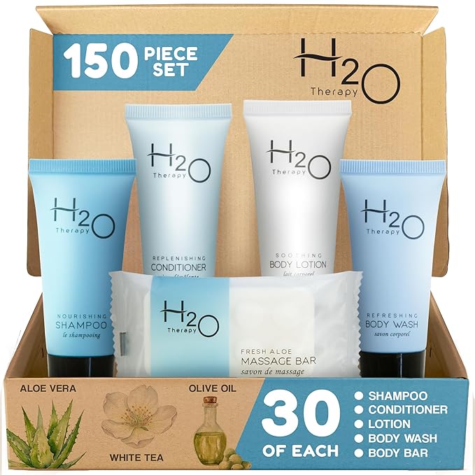 H2O Therapy Hotel Soaps & Toiletries Bulk Set | 1-Shoppe Amenities Kit | 0.85oz Shampoo & Conditioner, Body Wash, Lotion, 1oz Bar Soap | Travel Size | 150 Pieces | Bulk Set, Travel Size