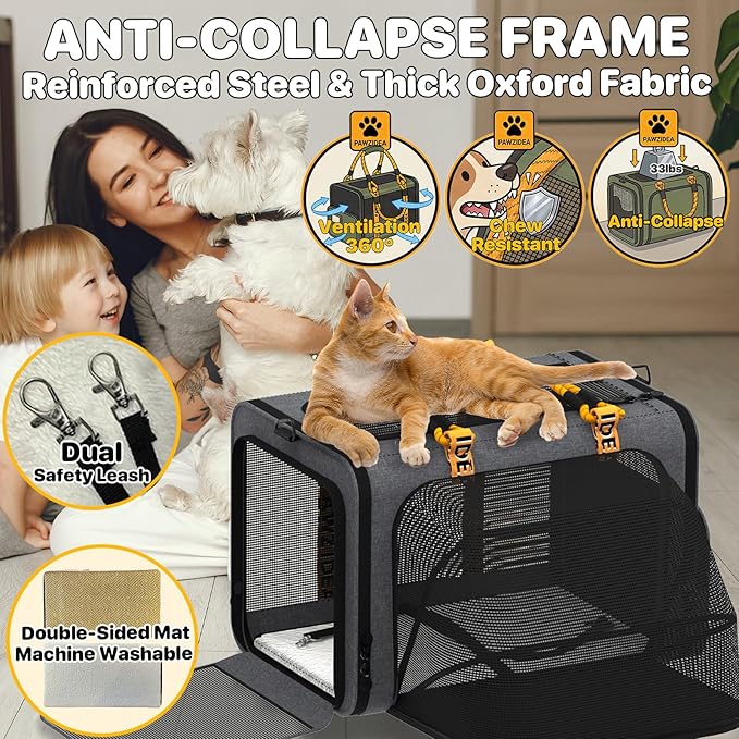 PAWZIDEA Expandable Large Pet Carrier, 24"×16"×16" Soft-Sided Cat Carrier for 2–4 Cats up 55lb, Portable & Collapsible Small Medium Dog Travel Crate for Car, XL Storage Pocket, ID Card, Shoulder Strap