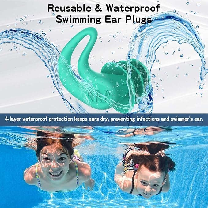 Waterproof Ear Plugs for Swimming Kids - 4 Pairs Reusable Silicone Swimming Ear Plugs for Children Ages 4-14, Keep Ear Water Out, Surfing, Bathing, Water Sports