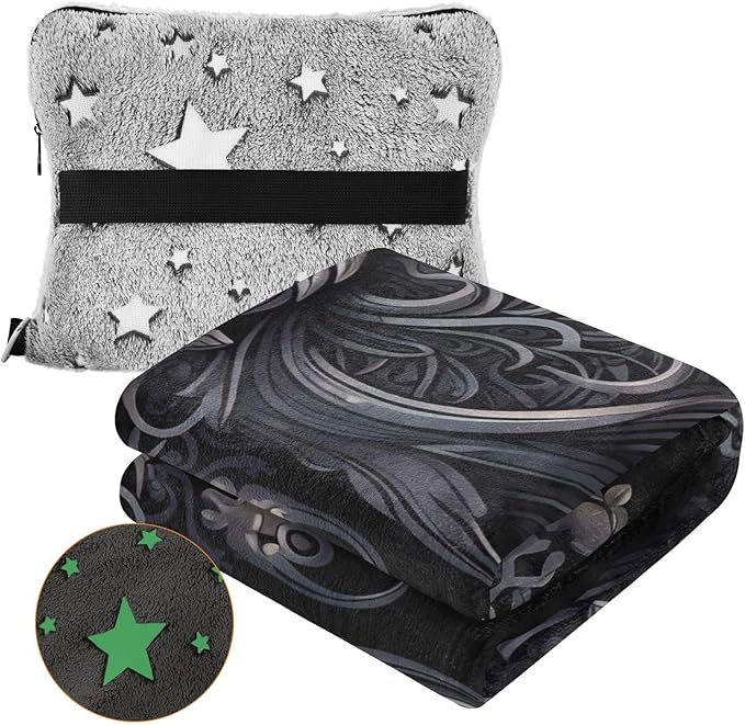Black Owl Travel Blanket Glowing in The Dark, Soft 2 in 1 Airplane Blanket 65" x 55", Foldable as Pillow, Luggage Sleeve & Backpack Clip