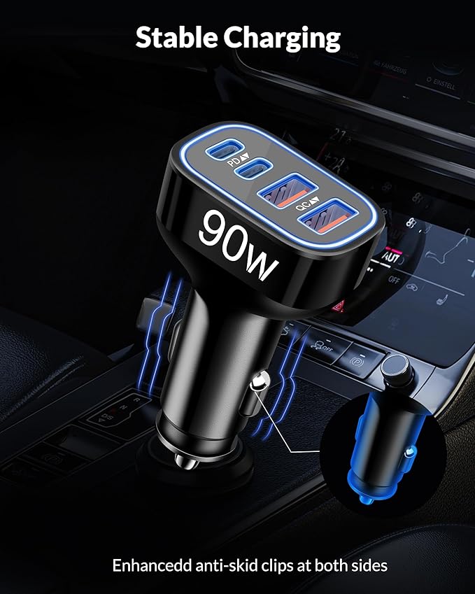 90W Fast Car Charger USB C, 2 Pack 4-Port Cigarette Lighter USB Charger Super Fast Charging, Multiport Car Phone Charger Accessories for iPhone 17/16/15/14/13/12 Pro Max, iPad, Galaxy, Tablet, Android