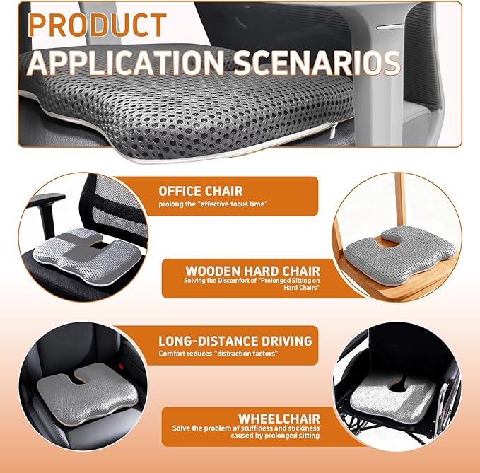 Gooo&Ma Air Fiber Seat Cushion for Office Chair, Breathable U-Shape Tailbone Relief Cushion for Desk Chair, Washable Ergonomic Chair Pad for Driving & Gaming, Cooling Mesh Back Support(Grey)