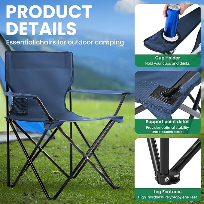 2-Pack Foldable Camping Chairs with Cup Holder, 300LB Lawn Portable Folding Chairs for Adults, Lightweight Outdoor Beach Chairs with Carry Bag for Camp, Fishing, Sports (Navy)