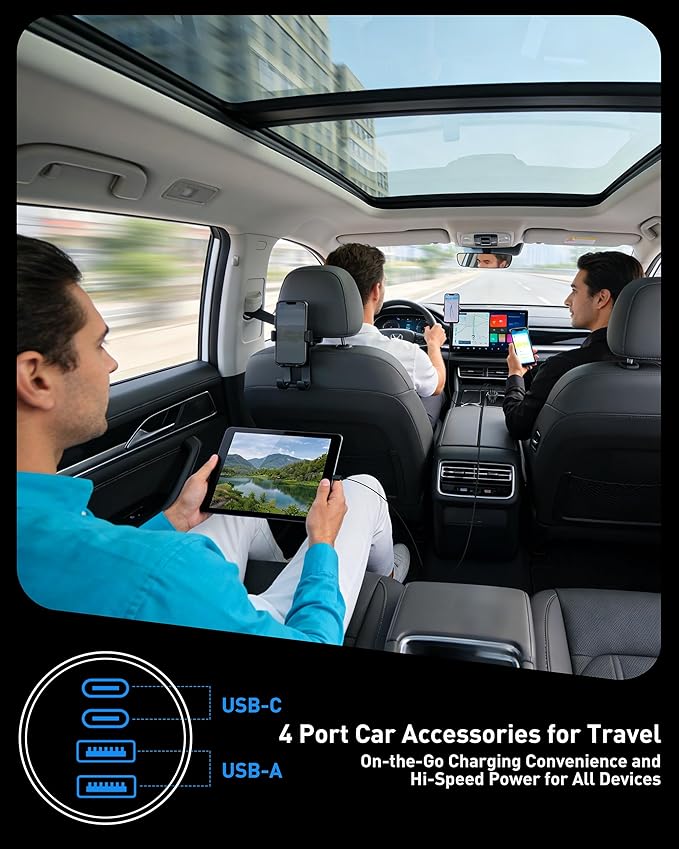 Car Charger USB C Fast Charge, 90W 4-Port Car Phone Charger Super Fast Charging Dual USB-C & USB-A Cigarette Lighter Adapter with 240W Type C Cable for Samsung Galaxy S26/S25/S24/ S23, Pixel, Android