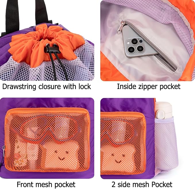 Swim Bag for Kids Mesh Beach Backpack for Boys Lightweight Drawstring Beach Bag Swimming Pool Sports Gym String Bag (Purple-Orange)