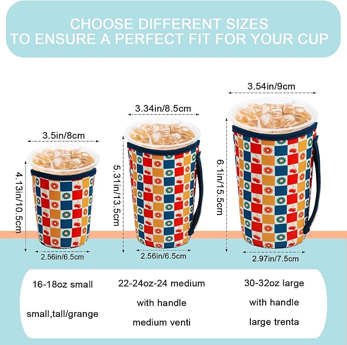 KJQJLY 3 Pack Reusable Iced Coffee Sleeves for Iced Coffee Cups or Drinks Reusable Neoprene Insulated Sleeves for Hot and Cold Drinks from Starbucks, Dunkin, And More (check)