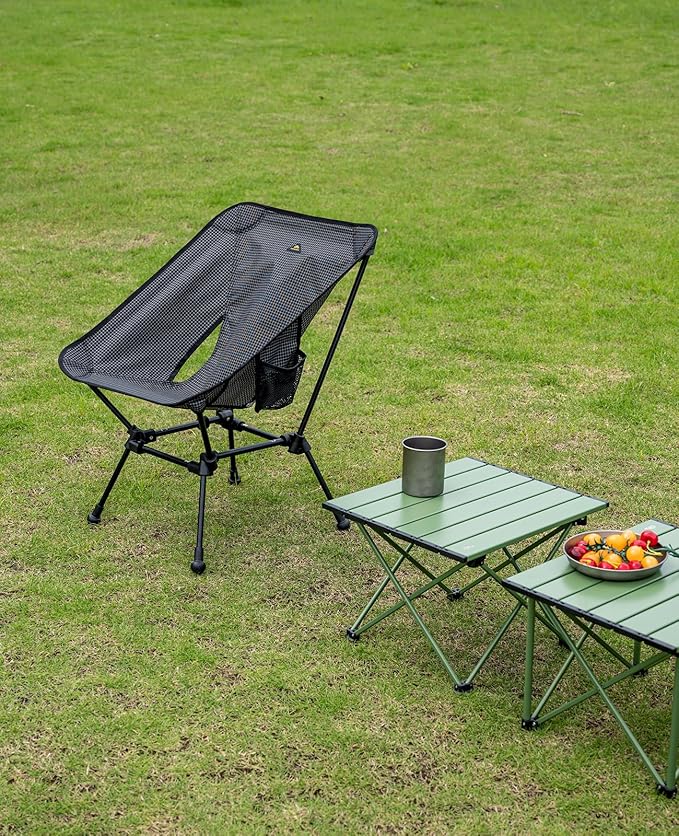 iClimb Ultralight Compact Camping Folding Beach Chair with Anti-Sinking Large Feet and Back Support Webbing (Black Grid- Square Frame)