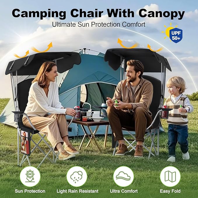 VTOY Portable Camping Chair with Canopy - Folding Chair with Canopy, Durable 600D Oxford Canopy Chair for Camping, Beach, Picnics, Fishing & Sports