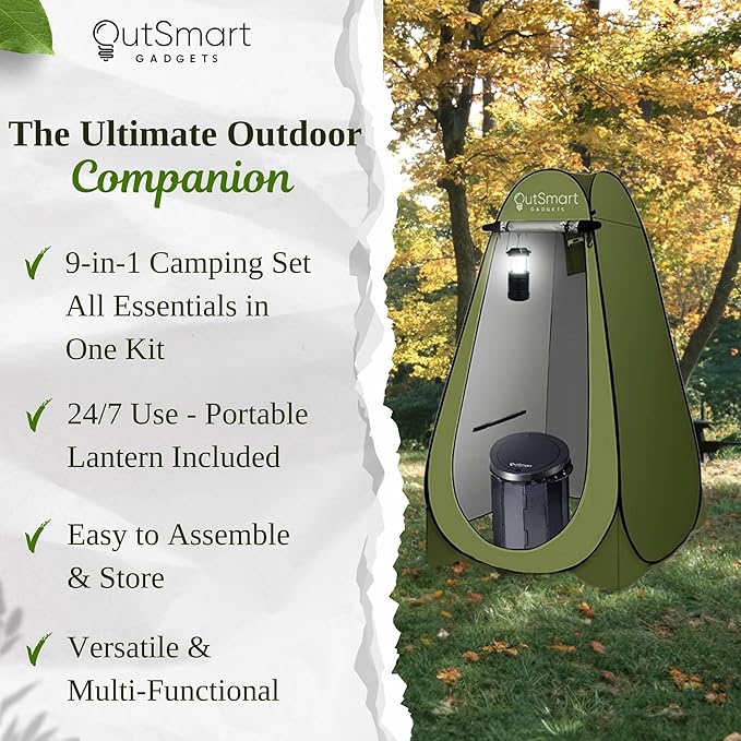 Outsmart Gadgets Outdoor Portable Toilet Set for Adults with Camping Night Lantern, Folding XL Toilet, Pop Up Privacy Tent and Carry Bags, Multipurpose Potty, Washable and Foldable for RV Travel
