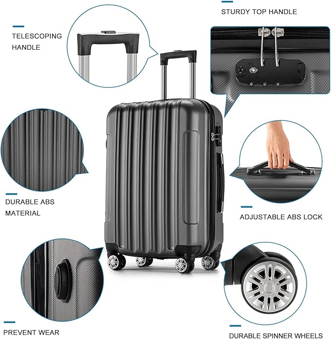 4 Piece Luggage Sets — ABS Hardside Suitcase Set with Spinner Wheels, TSA Lock, Expandable for Travel Business Trips Family Vacations, 16/20/24/28 Inch, Gray