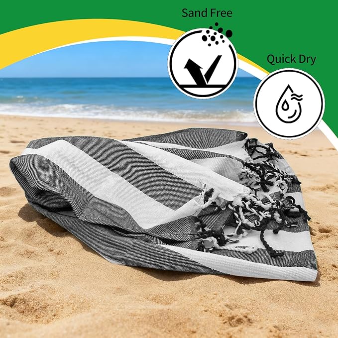 12 Pack Turkish Beach Towel 36"x71" Extra Large Beach Towels Sand Free Bath Towels Adults Lightweight Quick Dry Pool Towels Black