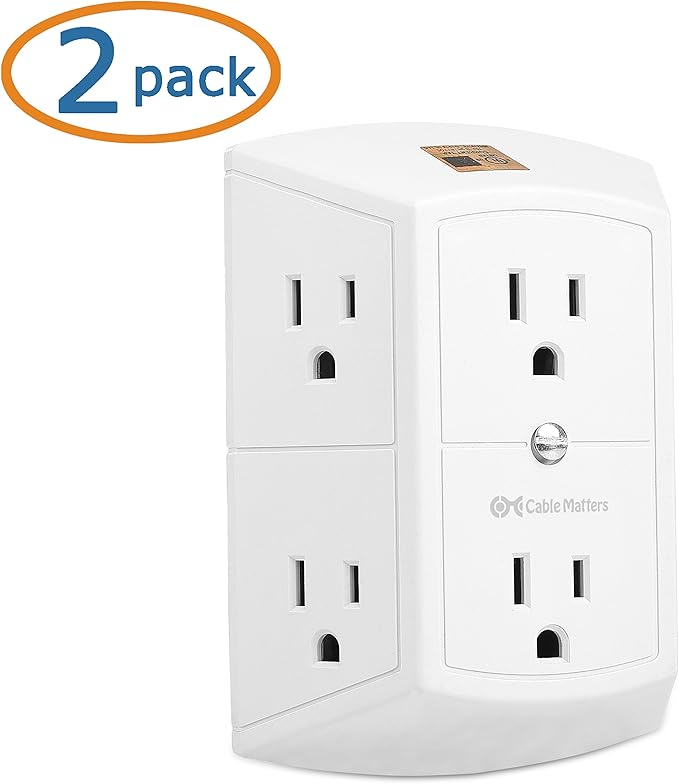 Cable Matters 2-Pack 3 Sided 6 Outlet Splitter Grounded Outlet Extender Wall Tap