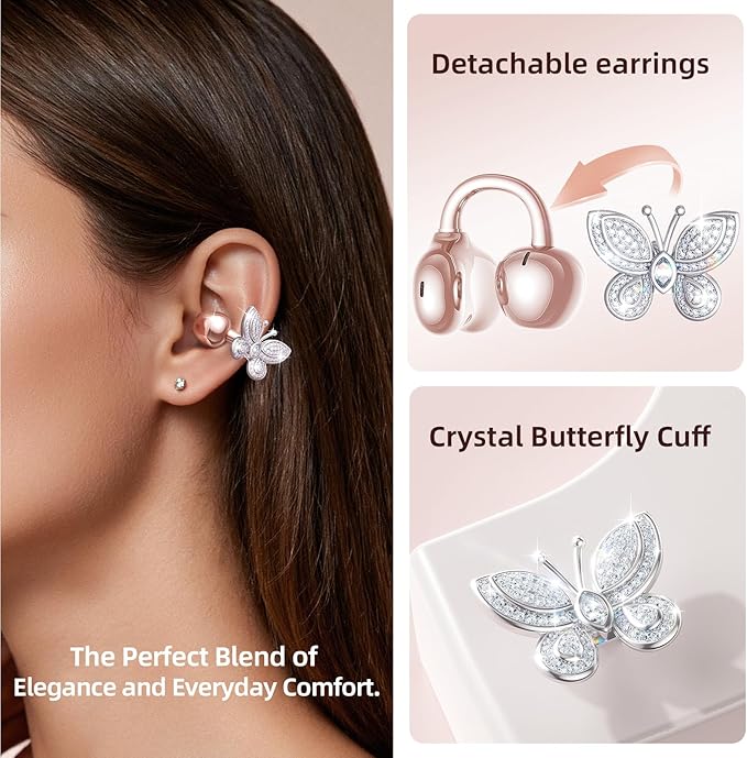 Kinglucky Clip-On Open Ear Earbuds with Detachable Butterfly Earrings, Bluetooth 6.0 Wireless Headphones for Women, 50H Playtime, Comfortable Fit for Small Ears, Sports, Glasses Wearers, Rose Gold