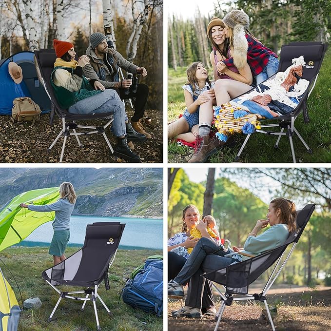 Nice C Ultralight High Back Folding Camping Chair, Collapsible Backpacking Chair, Compact & Heavy Duty Outdoor, Travel, Picnic, Festival with 2 Side Pockets, Pillow &Carry Bag (One Black)
