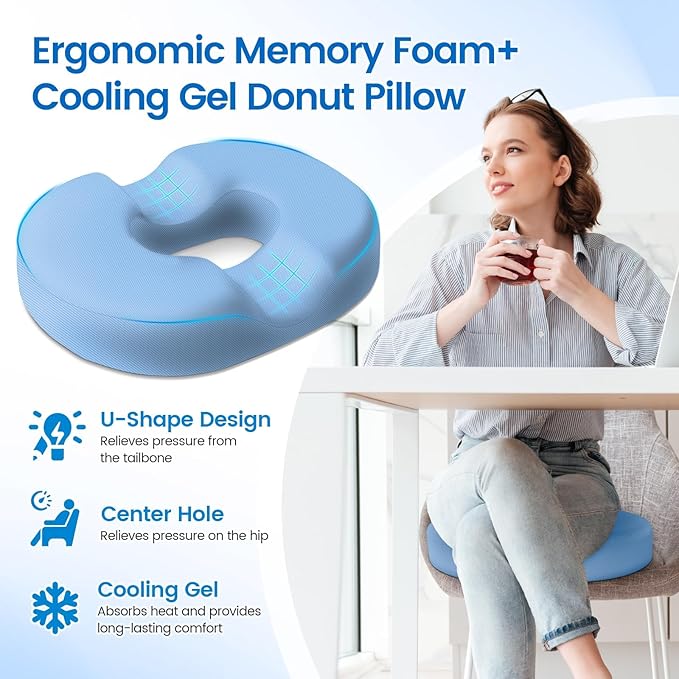 Donut Pillow Seat Cushion - Cooling Gel Donut Chair Cushions, Memory Foam Seat Cushion for Office & Home, Car Seat Cushion and Butt Pillow, Hemorrhoids Pillow and Tailbone Pain Relief, Light Blue