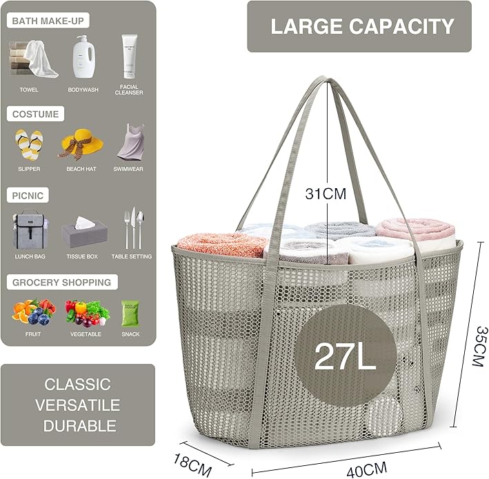 KALIDI Upgrade Version Beach Mesh Tote Bag MAX 27L Large capacity,Shoulder Bag Nylon Hobo Women Casual Foldable Beach Picnic