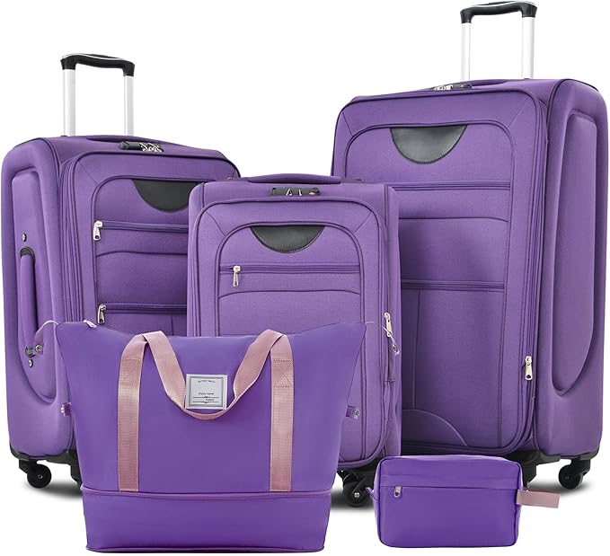 Lightweight Expandable Softside Luggage Sets 3 Piece, Large Capacity Travel Suitcase with Spinner Wheel, TSA Lock, Easy Access Design and Adjustable Telescoping Handle (Purple)