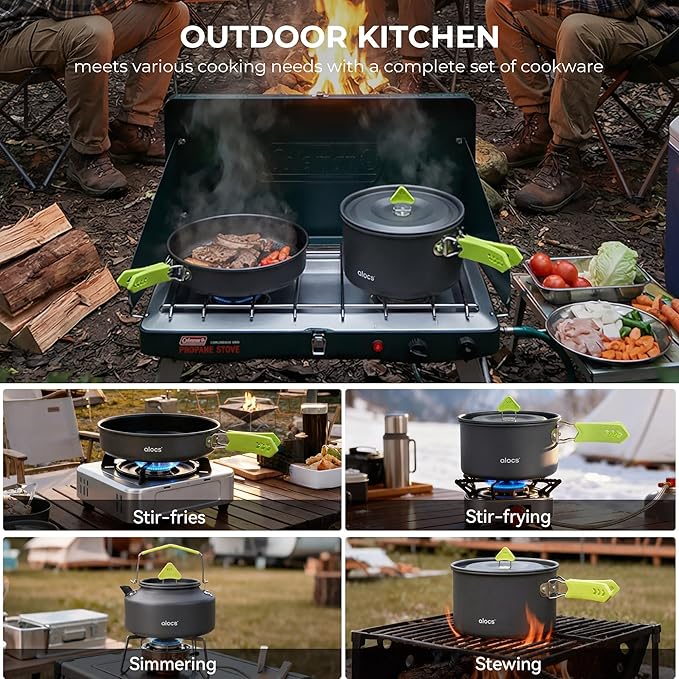 Alocs Camping Cookware Set - Lightweight Camping Pots and Pans - Portable Outdoor Cookware with Kettle - Camping Cookware Mess Kit for 2
