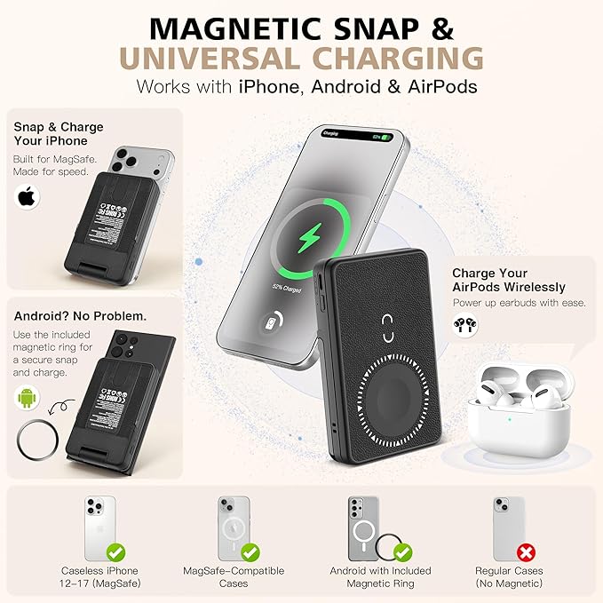 Magnetic Wireless Power Bank, 5000mAh Portable Charger with LED Makeup Mirror & Phone Stand, 20W USB-C Fast Charging Battery Pack for iPhone 17/16/15/14/13/12 Series, Black Totem