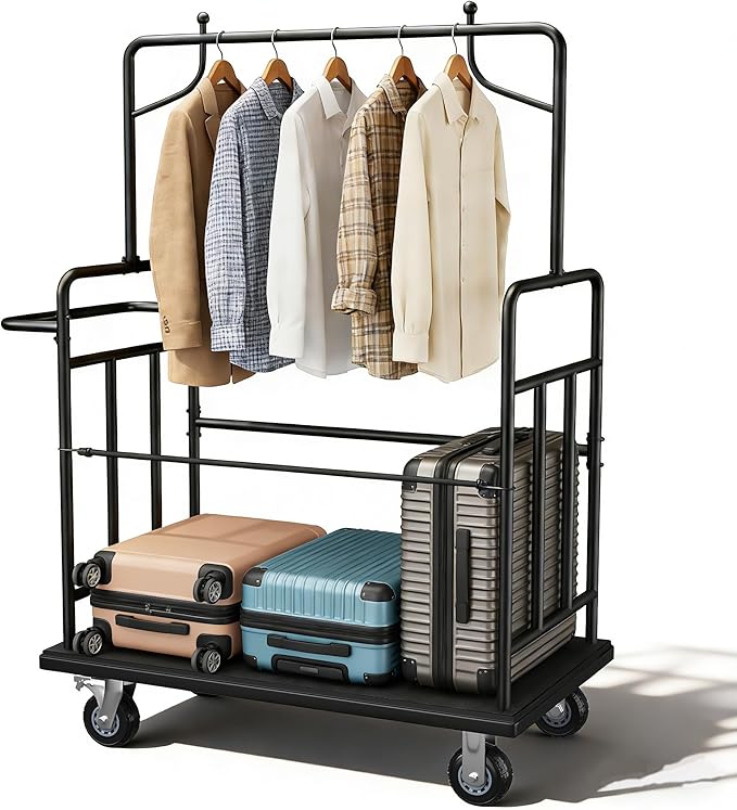 Luggage Cart,Heavy-Duty Steel Luggage Trolley with 360°Silent Wheels,1100LBS Load Hand Truck,Anti-Collision Strip for Hotel Bellman,Airport & Resort Use,Smooth-Rolling Platform Dolly