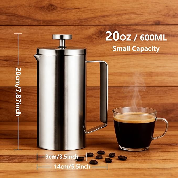 600ml Small French Press Coffee Maker, Double Wall Stainless Steel Coffee Press Pot with Detachable Filter, Cool Touch Insulated Handle, Dishwasher Safe Portable Brewer for Home Camping Travel