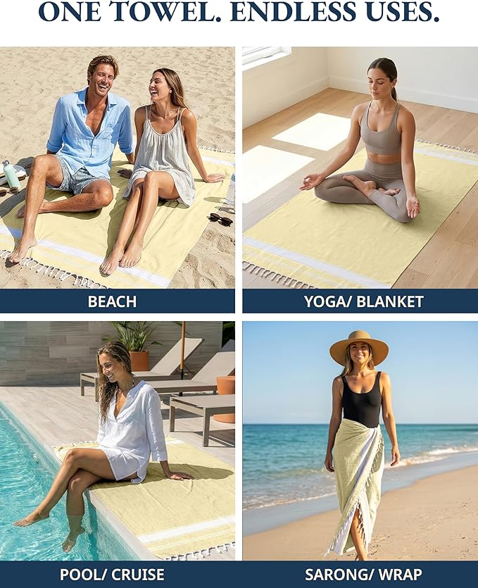 LANE LINEN Large Beach Towel, 2 Pack Turkish Beach Towels Set, Lightweight Towel for Adults, 39"x71" Oversized Pool Towels, Absorbent, Quick Dry, Durable Sand Proof Beach Towel - Yellow