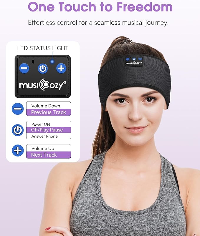 MUSICOZY Audífonos para Dormir con Bluetooth 5.4 tipo Banda para la Cabeza, Auriculares Inalámbricos con Altavoces Estéreo HD, Antifaz para Dormir Ideal para Ejercicio, Correr, Viaje y Yoga