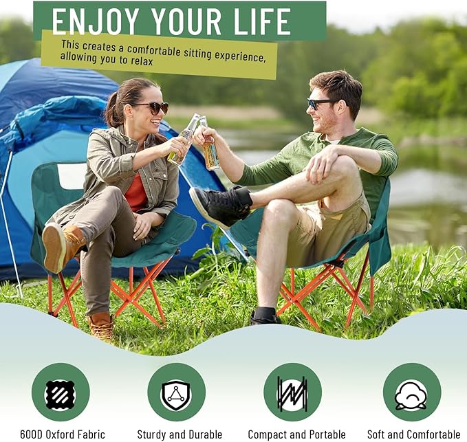 2 Pack Compact Camping Chairs Portable Folding for Outside with Carry Bag Lightweight Moon Chairs for Travel Picnic Hiking Beach Fishing, 600D Oxford, Supports 330lbs(Green)