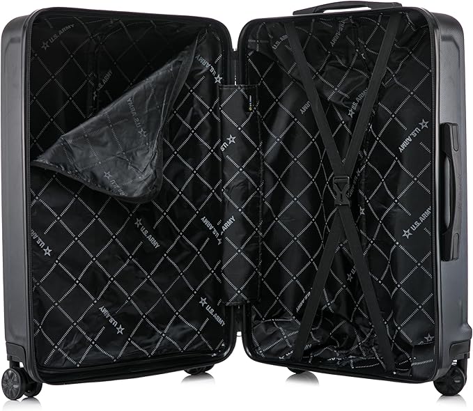 US ARMY FOX 3 Pcs Set Hardshell Luggage with Spinner Wheels | 20, 24, 28 inch Lightweight Travel Suitcase, Chevron Icon, Gel Handle, Retractable Trolley, Side Studs | Black