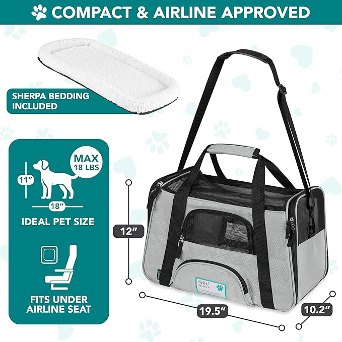 PetAmi Airline Approved Pet Carrier for Cats & Small Dogs, Soft Sided TSA Travel Carrier Bag with Sherpa Bed, Breathable Mesh Ventilation, Collapsible Bowl, Fits Under Seat, Up to 18 lbs, Large Gray