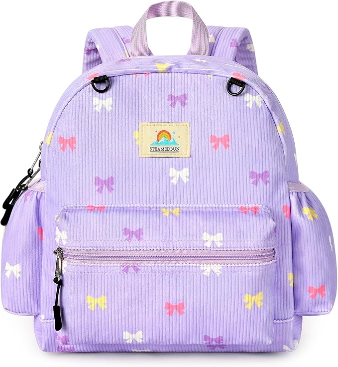 STEAMEDBUN Corduroy Toddler Backpack for Girls 2-4: Kids backpack for Girls - 12 inch Preschool Kindergarten Backpacks - Purple Bow