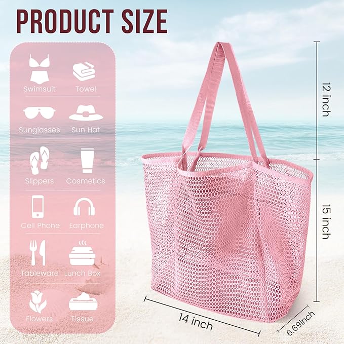HOHOM Beach Bags for Women, Summer Travel Mesh Tote Bag with Large Inner Pocket, Sandproof Woven Shoulder Handbag