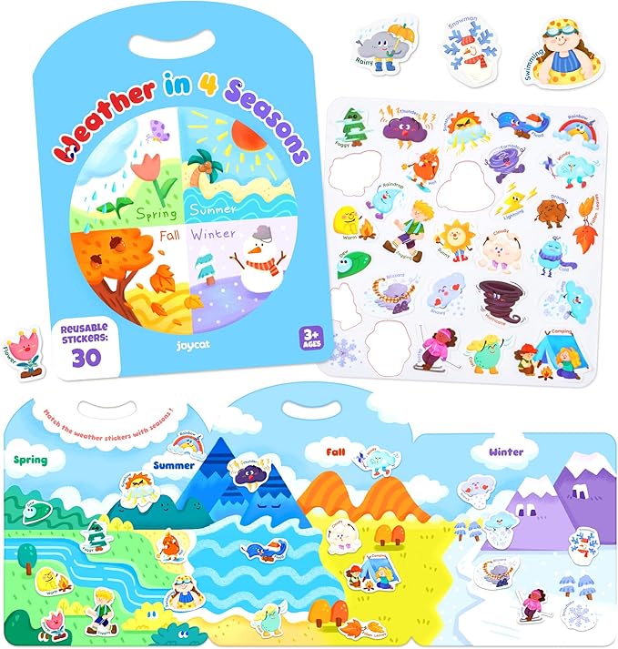 JoyCat Reusable Sticker Book - Stickers for Toddlers, Kids Sticker Activity Book, Travel Toys for Road Trip, Car & Airplane, Educational Learning Gifts for Boys and Girls Ages 3-5 (Weather)
