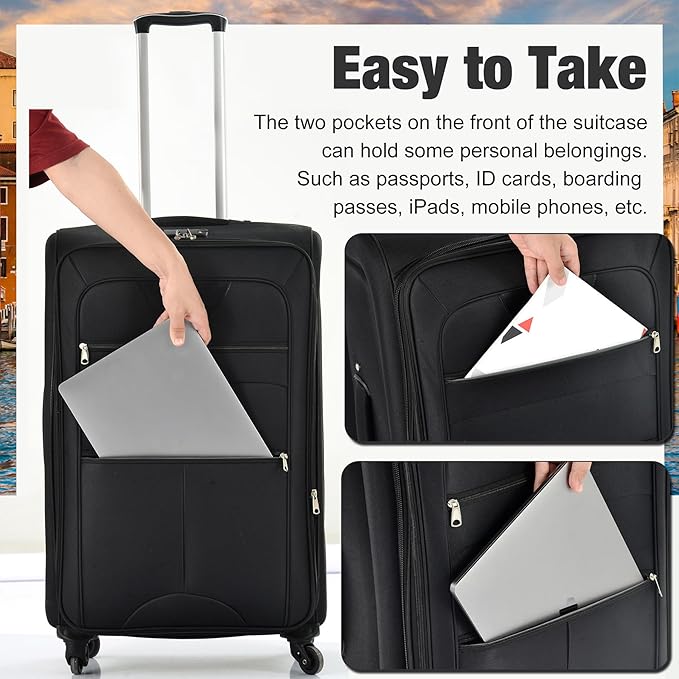 Lightweight Expandable Softside Luggage Sets 3 Piece, Large Capacity Travel Suitcase with Spinner Wheel, TSA Lock, Easy Access Design and Adjustable Telescoping Handle (Black)