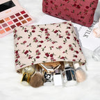 SOIDRAM 2 Pieces Rose Makeup Bag Large Corduroy Cosmetic Bag Capacity Canvas Travel Toiletry Bag Organizer Cute Makeup Brushes Aesthetic Accessories Storage Bag for Women, Rose L White Pink