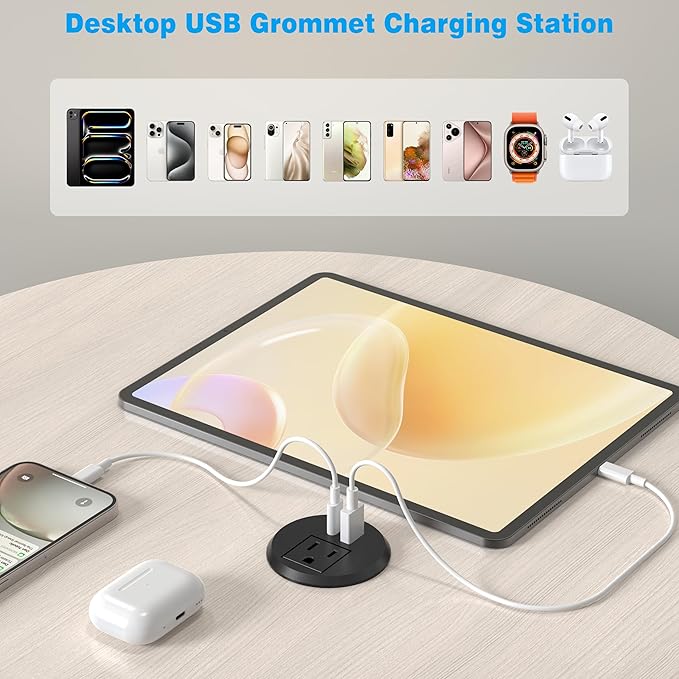 2 inch Desk Power Grommet Outlet, Flat Plug Recessed Outlet with 20W USB-C Fast Charging, for Conference Rooms, Office Tables, Furniture, 6FT Cord(ETL Listed)
