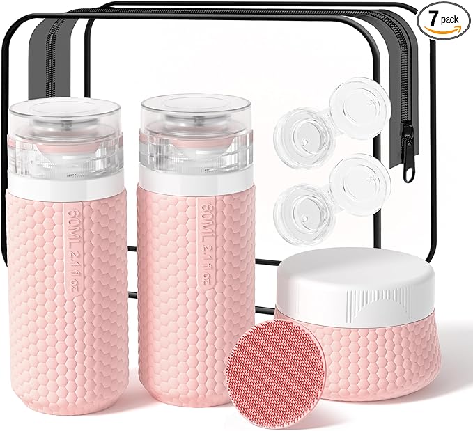Travel Bottles for Toiletries 2oz 60ml 2 Pack + Cosmetic Jar 40ml 1.35oz Luxury Leather Pattern, Anti-slip Silicone Premium Refillable Bottle Set with Facial Brush for Gym Men Women, Pink