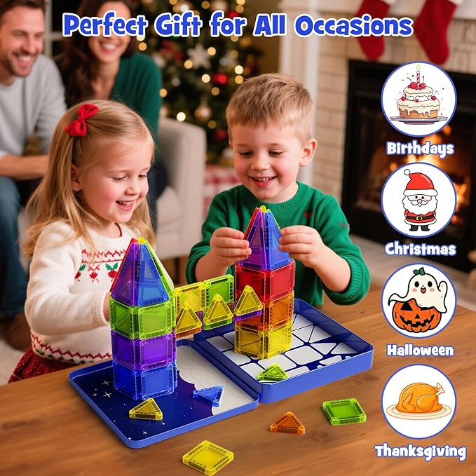 Mini Magnetic Tiles Travel Kit for Kids Ages 3-8, 60pcs Portable Magnetic Building Blocks with Visual Storage Guide & Metal Play Base, STEM Sensory Toys for Preschool Learning
