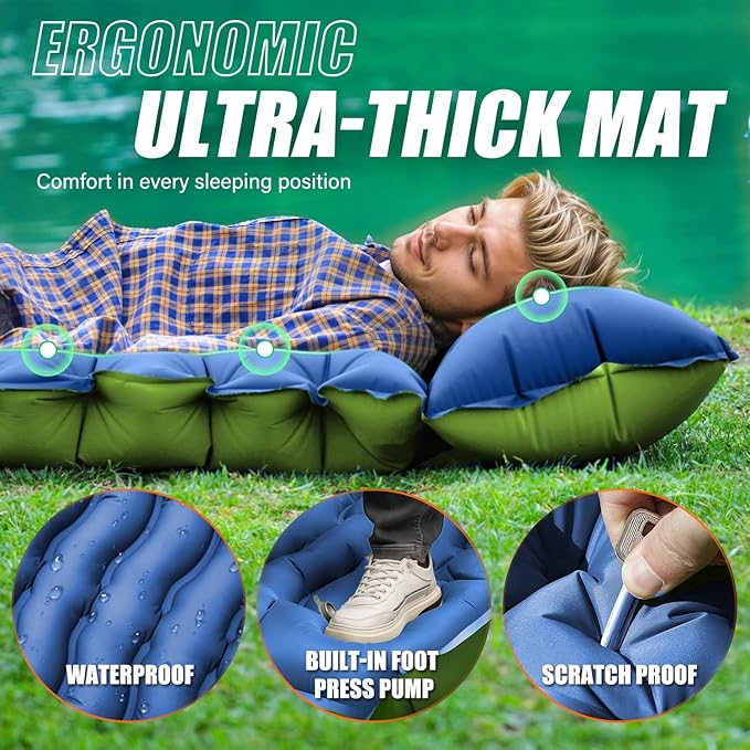 FUN PAC Camping Sleeping Pad,with Foot Pump and Pillow – Ultralight Compact Sleeping Mat for Backpacking, Hiking, Tent – Portable Single Inflatable Mattress for Outdoor