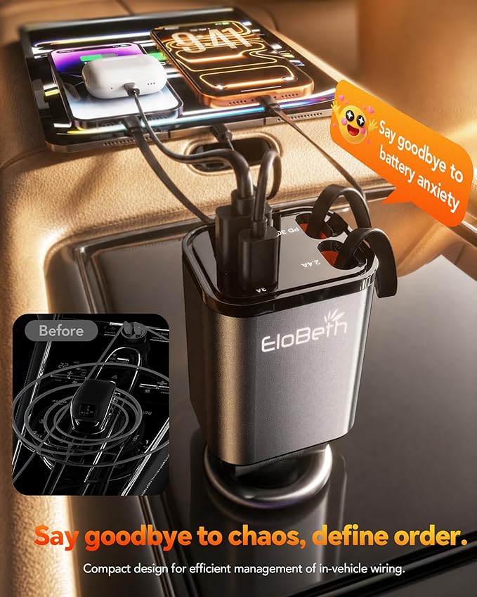 Retractable Car Charger,69W Car Phone Charger USB C Fast Charge,Cigarette Lighter USB Charger Car Accessories for Women,Road Trip Essentials Gift for Men,RV Power Adapter for iPhone 17/16/15/14,Galaxy