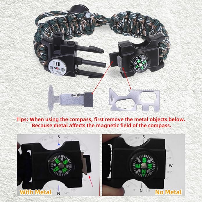 Survival Bracelets, Paracord Bracelets (2 pcs) with Loud Whistle Light Flint, Adjustable Compass Bracelet for Outdoor Camping Hiking Fishing Hunting, Multitools Tactical Gear, Bearable 300 lb