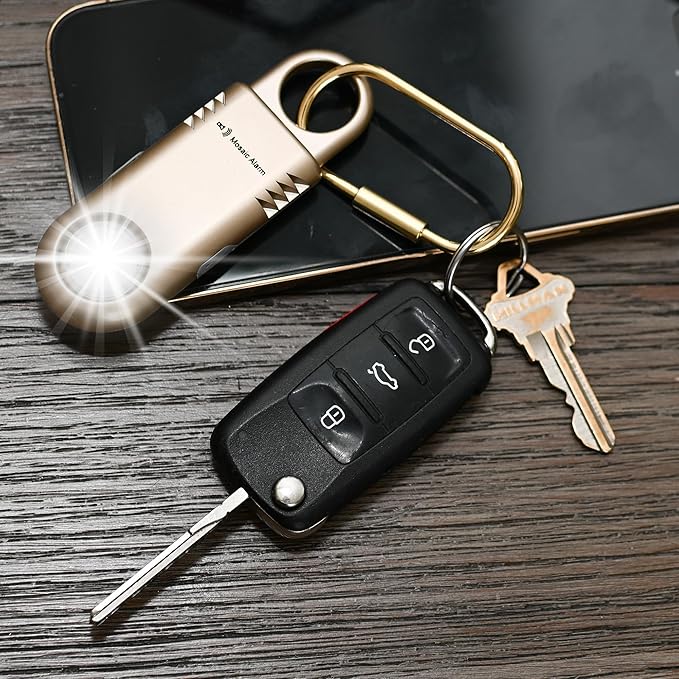 135dB Rechargeable Personal Safety Alarm Built-in Ultra-Bright Flashlight Non Slip Grip Keychain Emergency SOS Siren for Women, Students, Night Runner. Loud Sound Hiking Bear Alerts with Hook. Gold