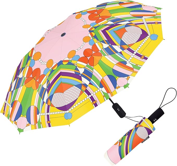 RainCaper Frank Lloyd Wright Windproof Auto Open Close 43” Coverage Folding Travel Umbrella with Matching Sleeve