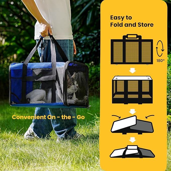 Conlun Cat Carrier Bag,Soft-Sided Pet Carriers for Dogs with 4-Sided Mesh,Airline Approved Cat Transport Carrier for Small&Medium Cats Kitten Puppy Up to 15LB,Collapsible Cat Travel Carrier-M,Blue